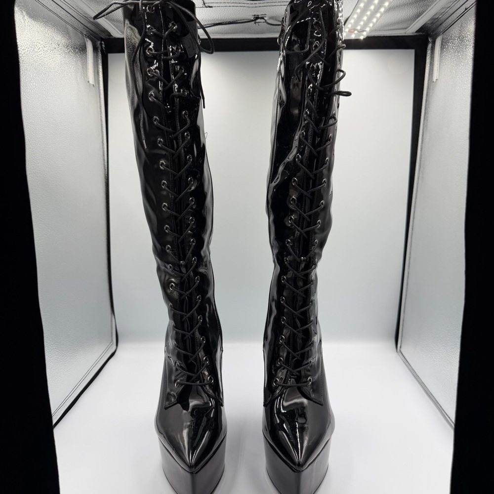 Black Pointed Platform Lace Up Zip Side Knee High Whimsigoth Goth Punk Boot 10 - Picture 3 of 7